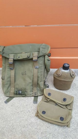 Vintage 1945 Ww2 Us Army Military Field Backpack Rucksack Canvas Bag Extra 