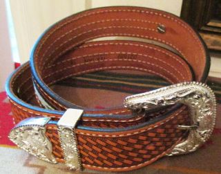 Vintage Tex Tan Cowhide Western Style Leather Woven Horsehair Silver Toned Belt