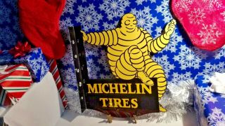 Vintage Michelin Man Tires Porcelain Gas Auto Service Station Double Sided Sign