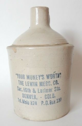 Antique Denver Colorado Stoneware Advertising Jug Lewin Mercantile