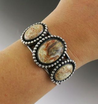 Vintage Sterling Silver & Agate Stone Native American Indian Cuff Bracelet