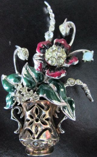 Reja Sterling Silver Enamel Rhinestone Flower Pot Vintage Pin