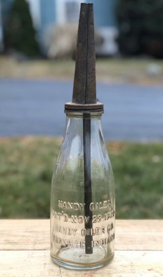 Antique 20s Handy Oiler Co.  Motor Oil Glass Bottle W/spout Danville Indiana