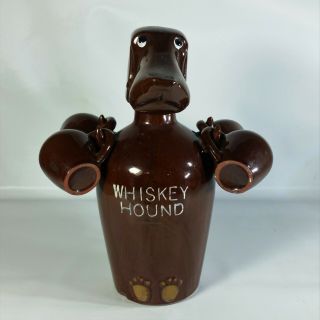 Vtg Ceramic Dog - Shaped Decanter W/4 Mug Shot Glasses Whiskey Hound Euc Brown