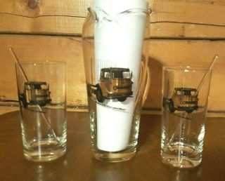 Vintage Clear Glass Tumblers / Pitcher With International Diesel Truck Design