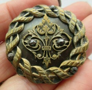 Lovely Large Antique Vtg Carved Mop Shell In Metal Button W/ Cut Steels (a)