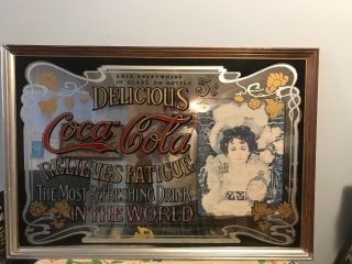 Vintage Coca Cola Mirror Sign Delicious Relieves Fatigue Refreshing 38” X 26.  5”