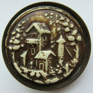 Large Antique Vtg Victorian Metal Ivoroid Picture Button Castle (a)