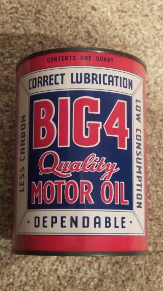 Vintage Big - 4 Quality Motor Oil Can Metal Quart One