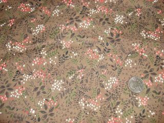 Vintage Cotton Fabric Small Shades Of Pink & White Floral Vines On Brown 1 Yd