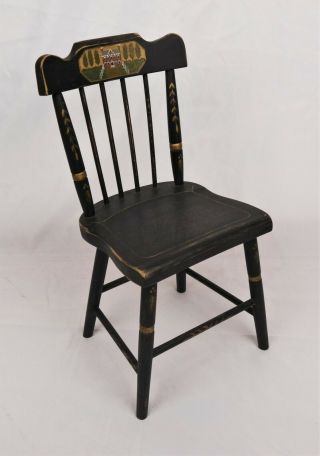 Vintage Folk Art Miniature Hitchcock Doll Chair Black Hand Painted Signed Giblin