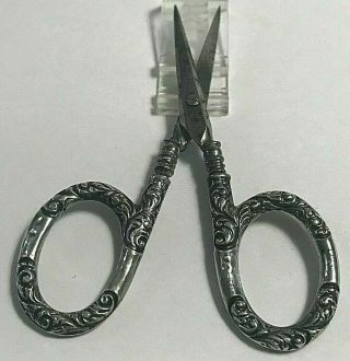 Antique Ornate Sterling Silver Handle 3 1/4” Sewing Scissors