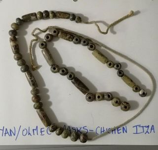 Pre - Columbian Mayan Green Jade Necklace Graduated Round And Cylidrical Beads