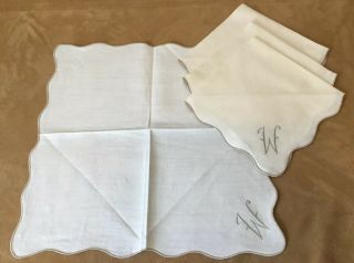 Four Large Vintage Dinner Napkins,  Linen,  W Monogram,  Antique White,  Beige
