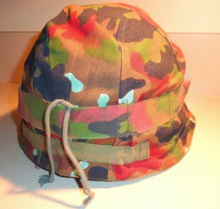 Swiss M71 - 79 Military Helmet Leather Liner,  Chin Strap M83 Alpenflage Camo Cover