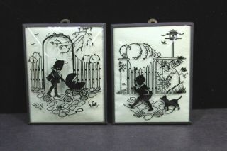 Vintage Silhouette Reverse Painted Convex Glass Boy Girl Dog Baby Buggy X2