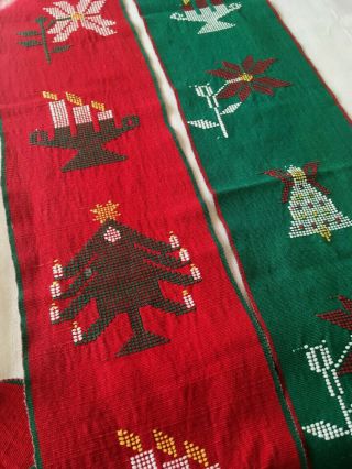 Pair Vintage Scandinavian Woven Christmas Table Runners Red Green 67 " Long