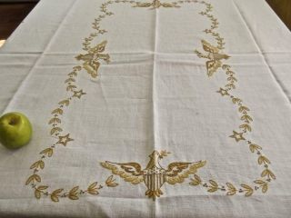 Vintage Patriotic Chic Tablecloth Hand Embroidered Golden Great Seal Eagle Stars