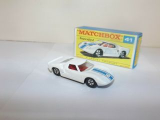 Matchbox Trans.  S/f No.  41 - A Ford Gt White Body,  Black Base,  Thin W/early Box
