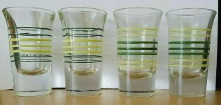 Set Of 4 Vintage Mid Century Green And Yellow Striped Shot Glasses