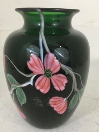 Vintage Orient & Flume Art Glass Vase W Flowers Signed Jones Green Glass