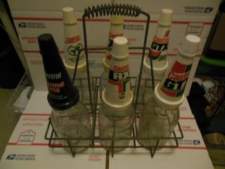 Castrol Oil 6 Bottles Vintage W/ Carry Rack Gtx Gt Tt Grand Prix - Triumph Mg