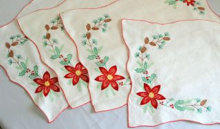 Christmas Place Mats Embroidered Linen Poinsettias Pine Cones Set Vintage Cloth