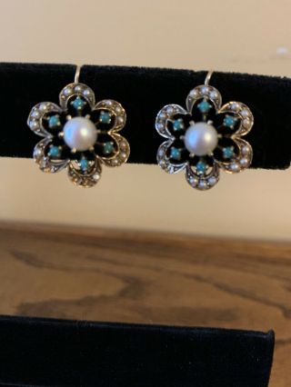 Antique Victorian 14k Gold Pearl And Turquoise Earrings