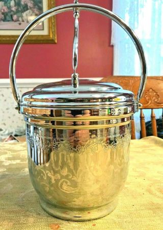 Vintage United Chromium On Solid Brass Hinged Lid Ice Bucket Grape Vine Design