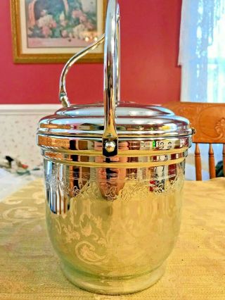 Vintage United Chromium on Solid Brass Hinged Lid Ice Bucket Grape Vine Design 2