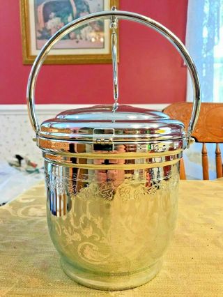 Vintage United Chromium on Solid Brass Hinged Lid Ice Bucket Grape Vine Design 3