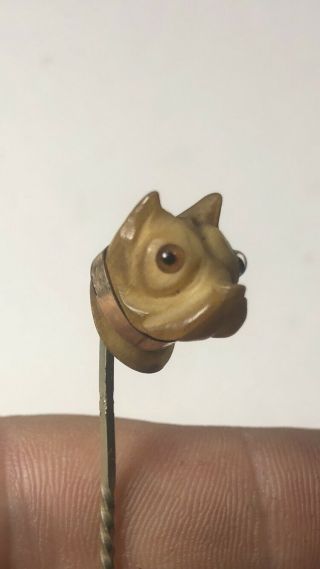 Antique Bull Dog Stick Pin Carved Figural Terrier Pit Glass Eyes Hat Collar Gift