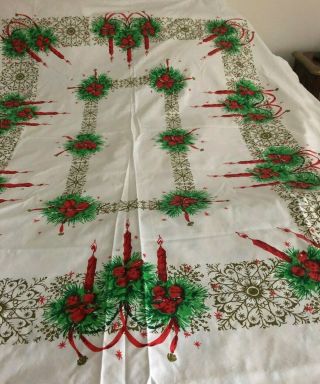 Vintage Cotton Christmas Tablecloth Candles Ornaments 70 " X 60 "