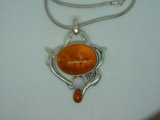 Large Arts & Crafts Silver Amber Moonstone Pendant & Heavy chain 2