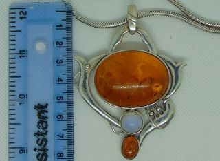 Large Arts & Crafts Silver Amber Moonstone Pendant & Heavy chain 3