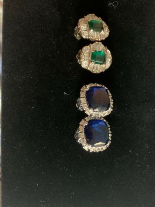 2 Vintage Signed Panetta Hope Diamond & Emerald Look Glass Rhinestone Earrings