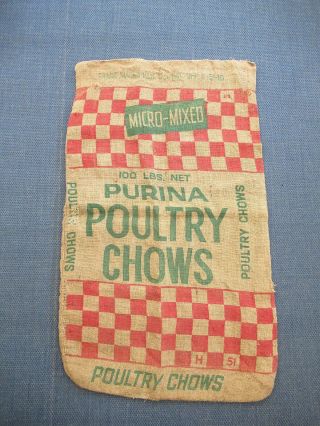 Vintage Purina Poultry Chows Burlap Sack,  100 Lbs,  39 " X23 " Checker Board Design