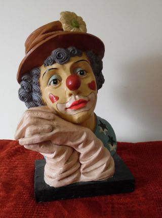Large Vintage Pensive Clown Bust Figurine : Plastic Resin 34cms High