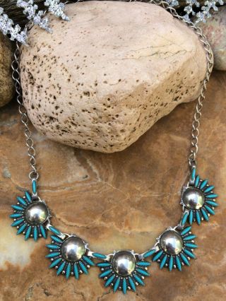 Vintage Zuni Native American Sterling Silver Turquoise Petit Point Necklace Wow