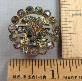 Antique Enamel Button 81,  1800s Brass Open - Work Floral Design W/ Paste Trim