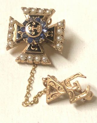Alpha Tau Omega Badge - 14k Yellow Gold Pearls Blue Gemstones Fraternity Pin