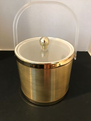 Vintage Mid Century Modern Ice Bucket Gold With Ice Tongs
