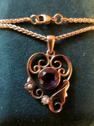 Antique - Art Nouveau - 9ct Gold Amethyst - Lavalier Pendant & Chain.  7.  8 Gram