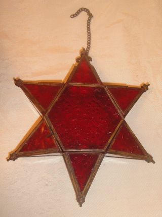 Vintage Moroccan Star Red Glass And Brass Muti Faceted Hanging Candle Lamp