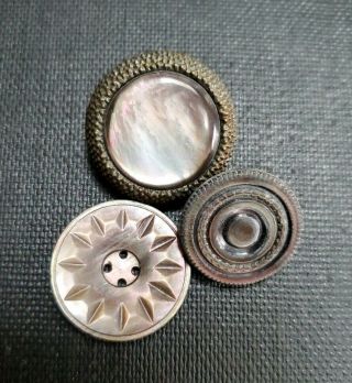 3 Antique Gorgeous Carved Smoky Mother Of Pearl Buttons,  Iridescent,  Brass