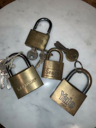 Vintage Brass Gold Padlocks W Keys: Yale Italy,  Walsco,  Sears,  Uhaul