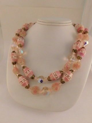 Vintage Pink Art Glass Formed Necklace Bead Double Strand Flower Shell Florette