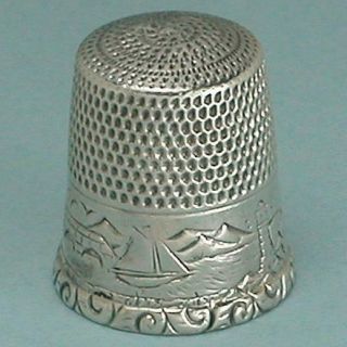 Antique Sterling Silver Water Scene Thimble By Waite,  Thresher Co.  Circa 1890s