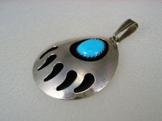 Vintage Navajo Sterling Silver & Turquoise Bear Paw Necklace Pendant