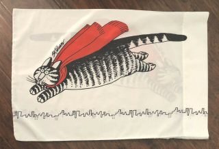 Vintage B Kliban Pillowcase Flying Cat Red Cape & Skyline Standard Size